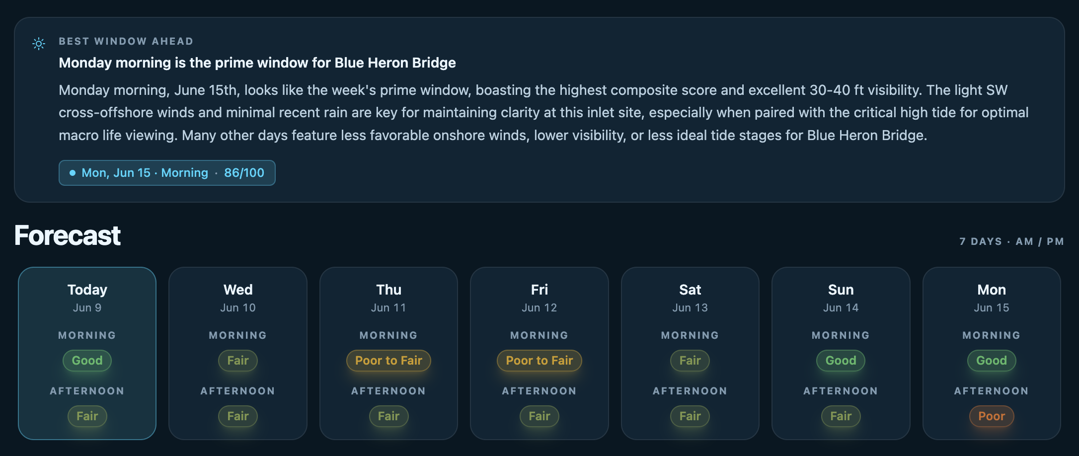 LucidSeas Pro — Best Window Ahead and 10-day forecast